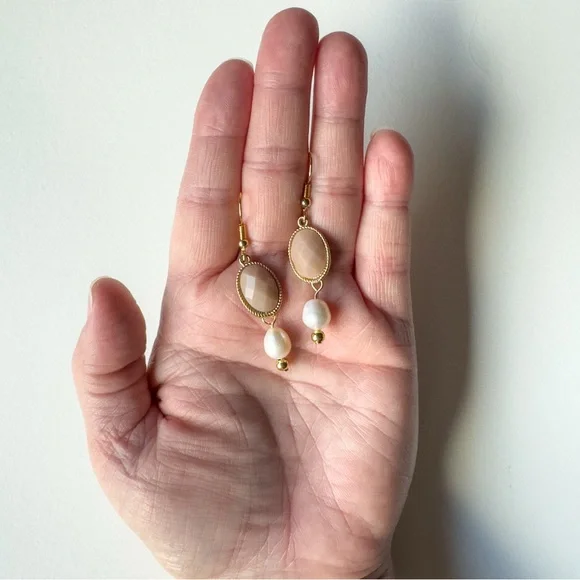 Blush Bead & Pearl Drop Earrings | Upcycled | Gold Stainless Steel Hooks - Picture 8 of 10
